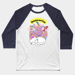 White cat dreaming of food and fun in a psychedelic world Baseball T-Shirt